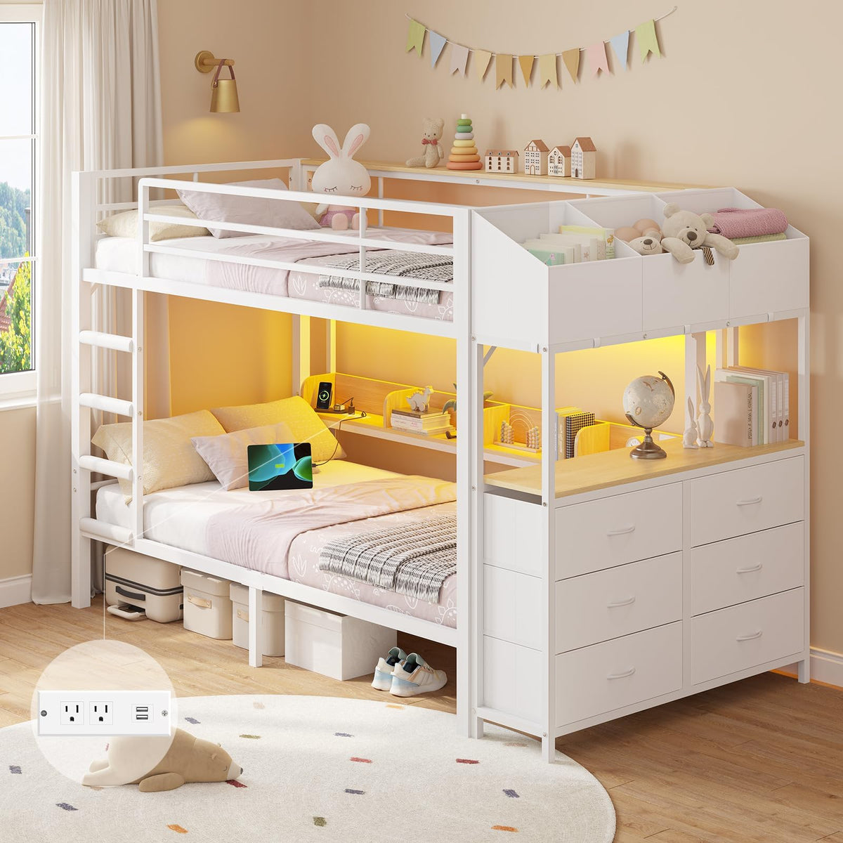 Twin Over Twin Bunk Bed with 6 Storage Drawers, Shelves, LED Lights and Ladder G301020
