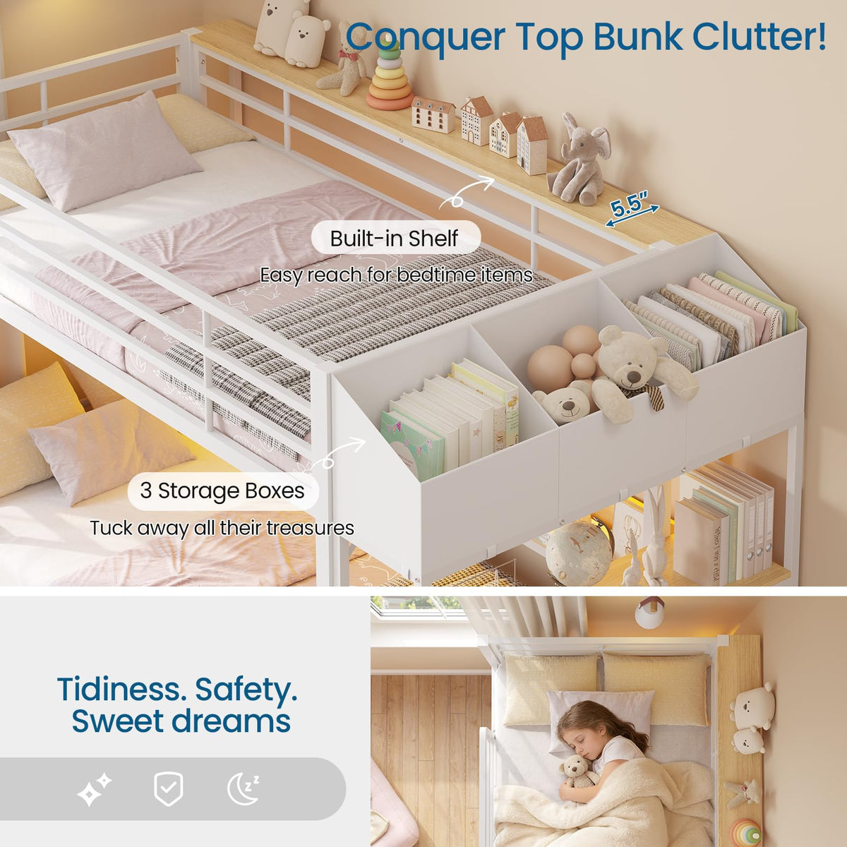 Twin Over Twin Bunk Bed with 6 Storage Drawers, Shelves, LED Lights and Ladder G301020