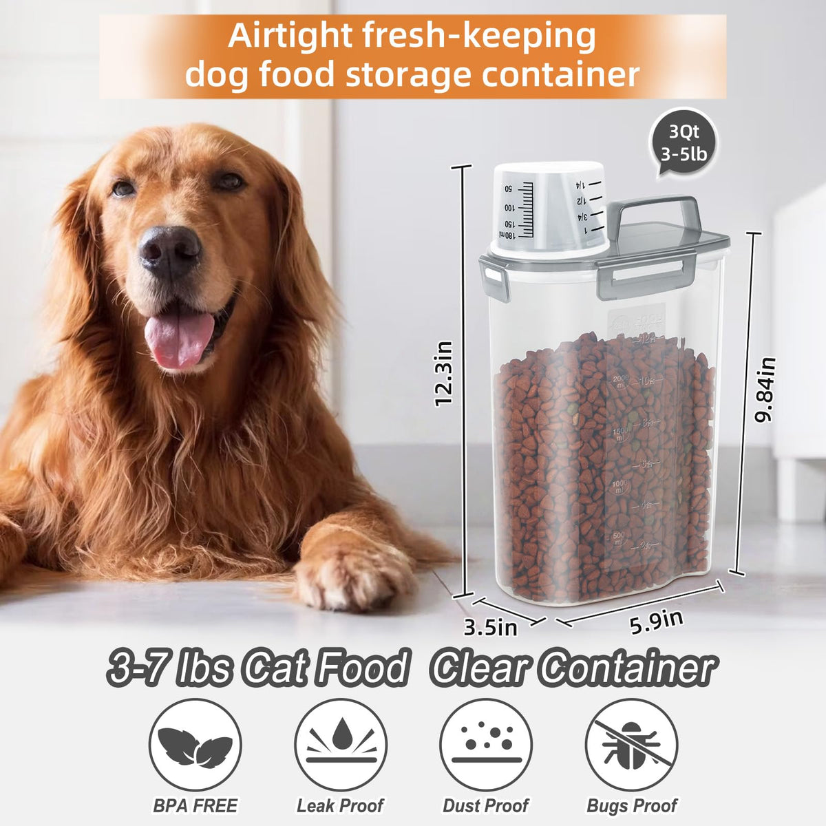 3-5Lbs/3Qt Plastic Pet Food Storage Container with Foldable Bowl R648