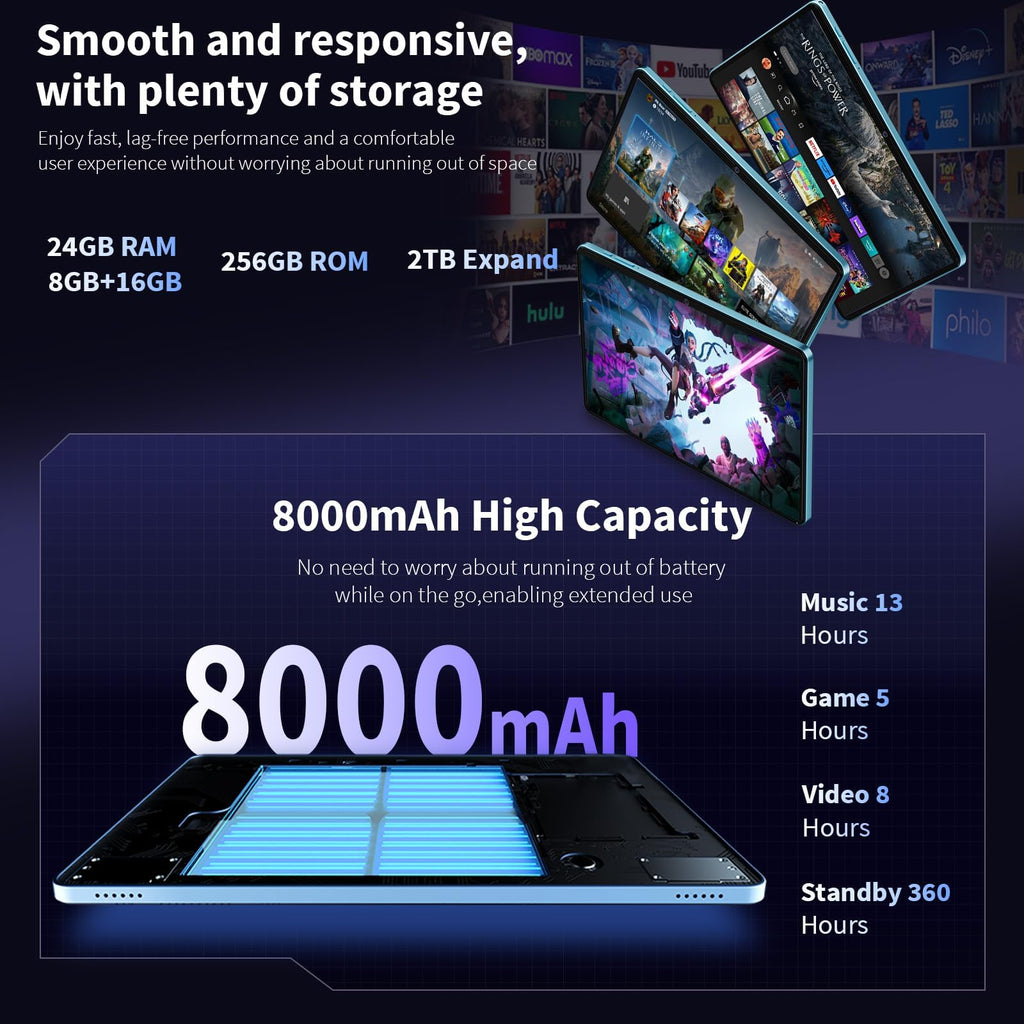 Android 16 Tablet 10 inch 32GB 256GB 2TB Expand Black O7451