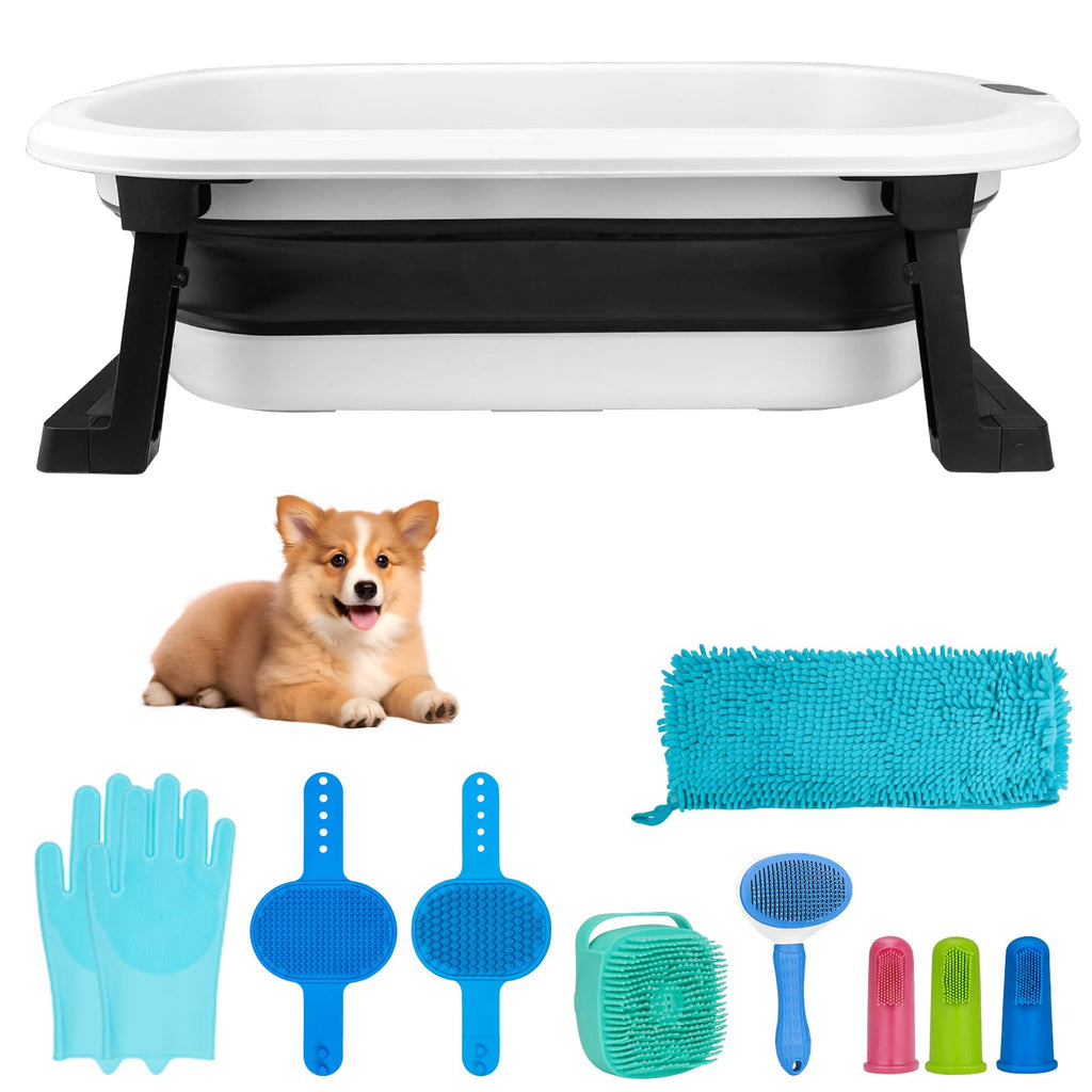 Collapsible Pet Bathtub with Water Drain Plug and Grooming Brush C1356