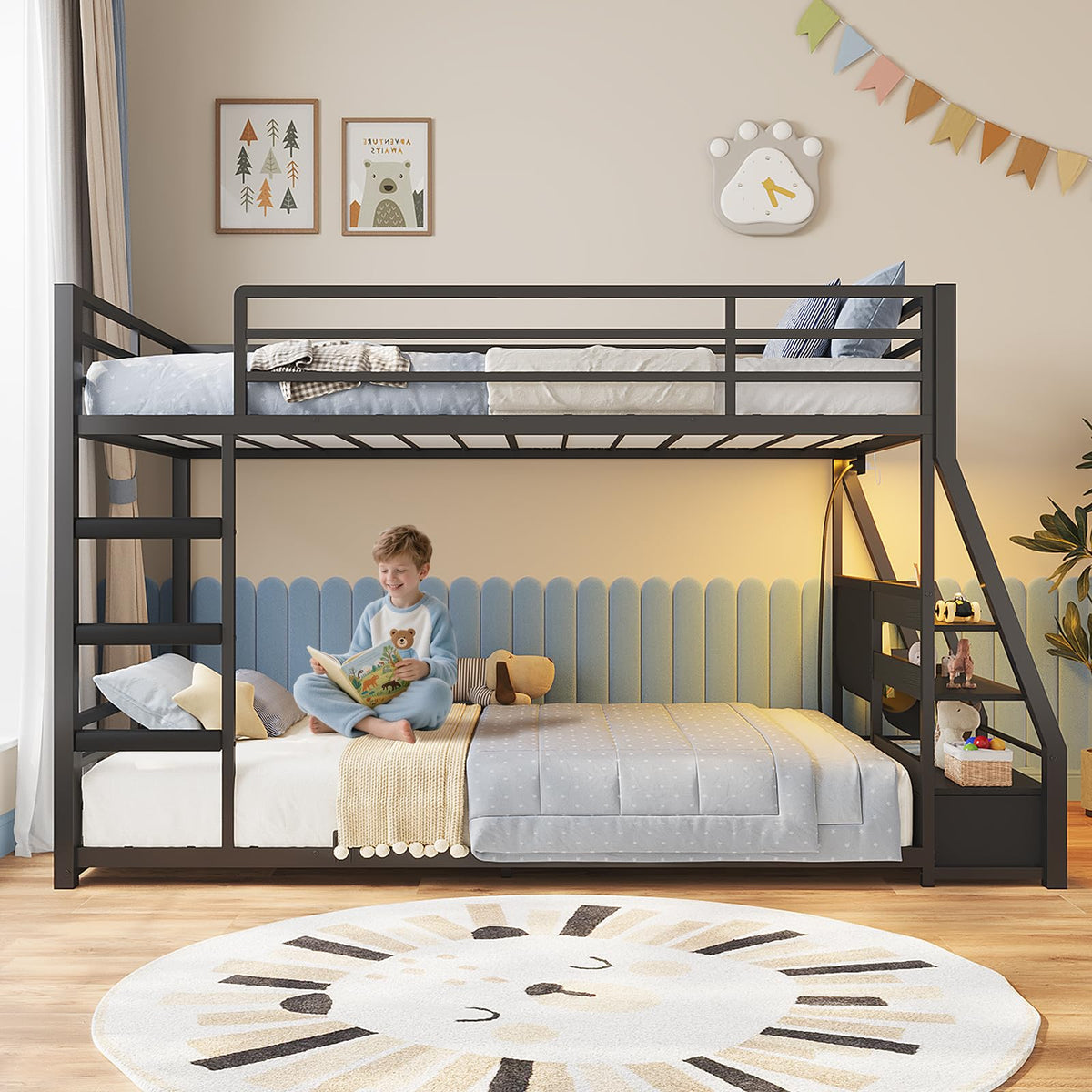 Black Bunk Bed with Bookshelves and Storage Drawers V8448