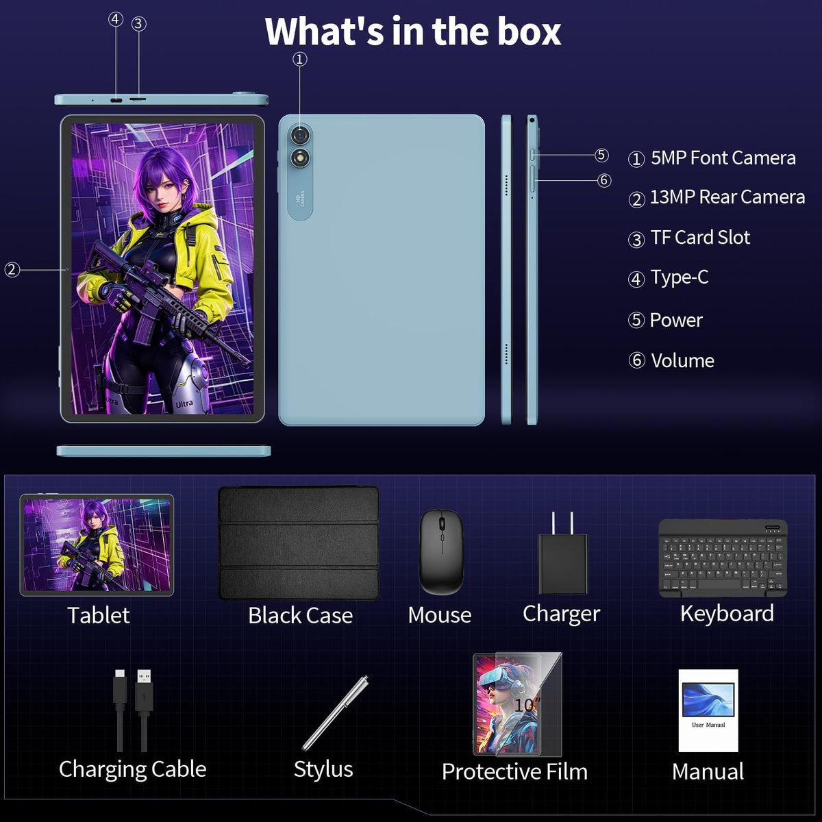 Android 16 Tablet 10 inch 32GB 256GB 2TB Expand Black O7451