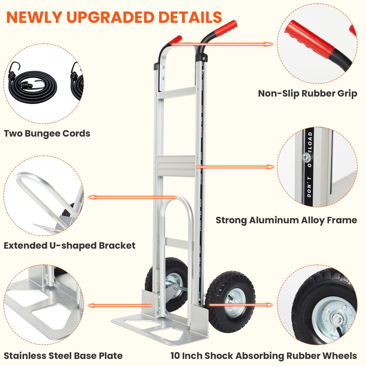 Aluminum Hand Truck Dolly Cart with 10" Pneumatic Tire, 600 LBS Capacity B523