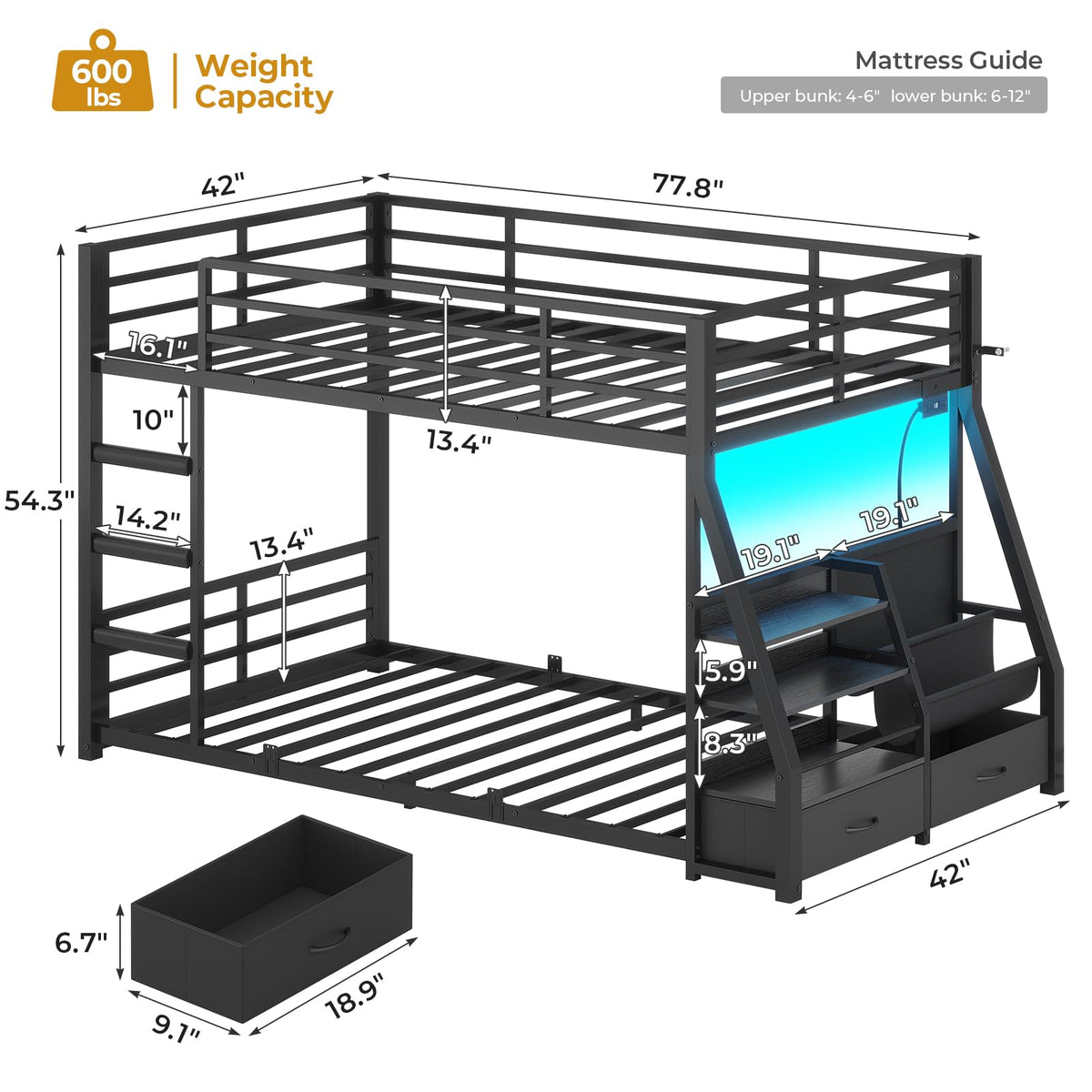 Black Bunk Bed with Bookshelves and Storage Drawers V8448