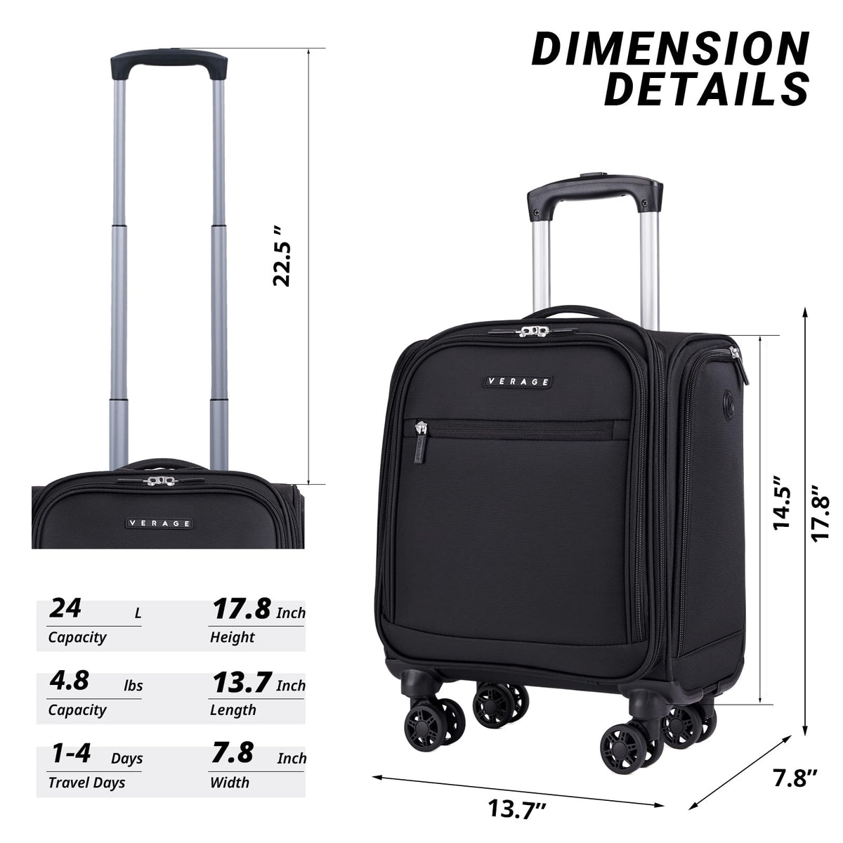 Black 14.5-Inch Spinner Underseat Carry On Luggage U192