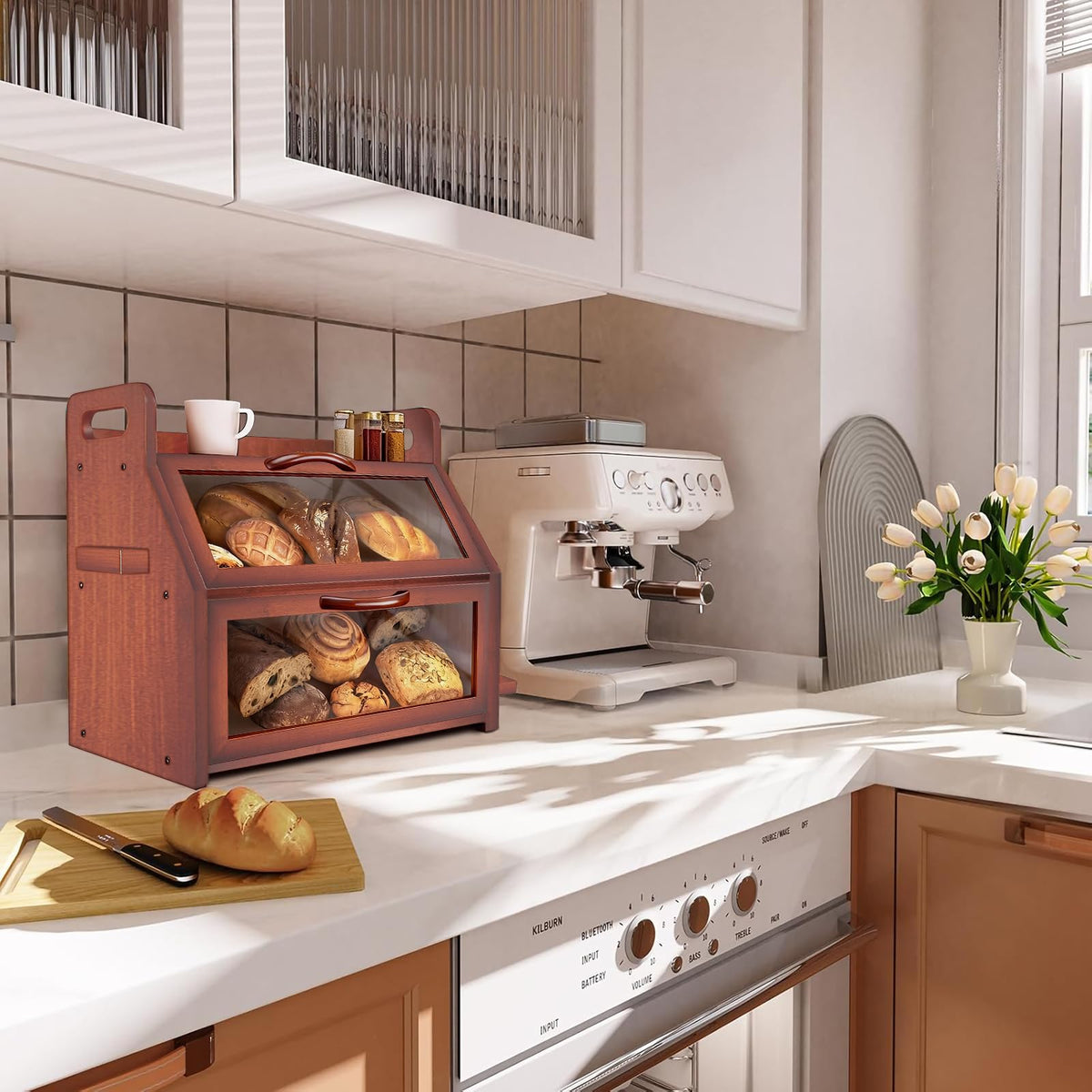 Large Double Layer Bamboo Bread Box with Clear Window O824860