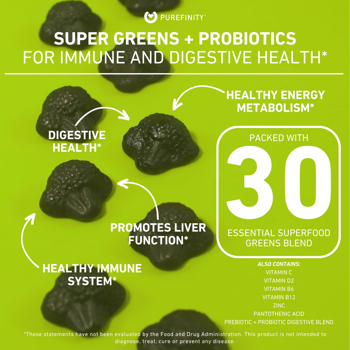 Super Greens Gummies with Spirulina, Spinach, Broccoli, Beet Root, Acai, Vegan, 60 Count A584