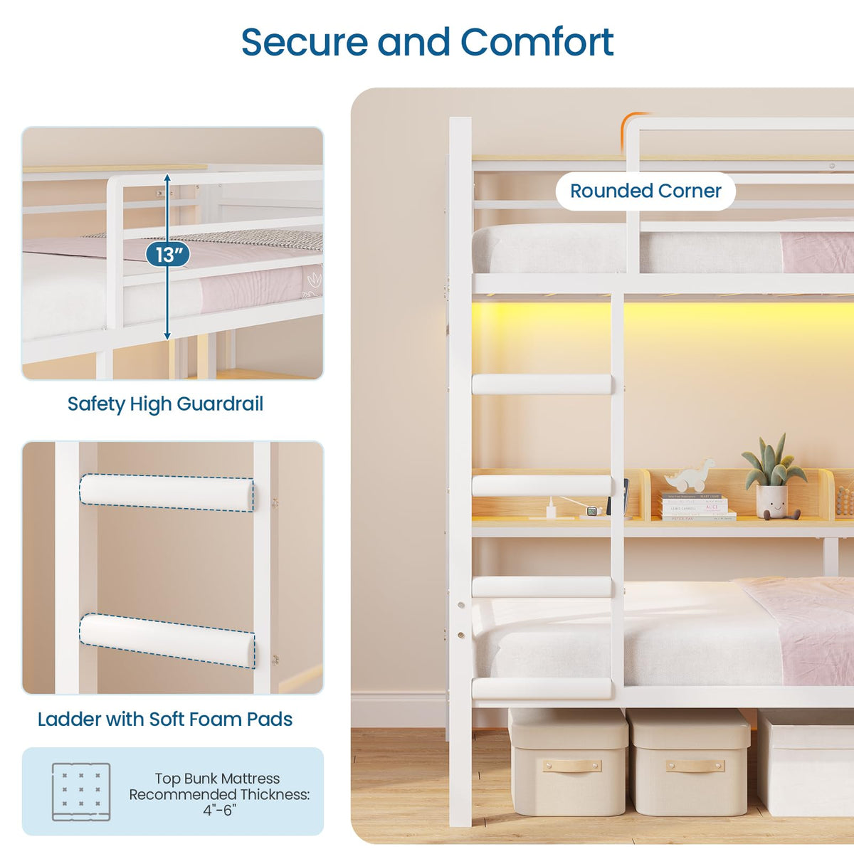 Twin Over Twin Bunk Bed with 6 Storage Drawers, Shelves, LED Lights and Ladder G301020