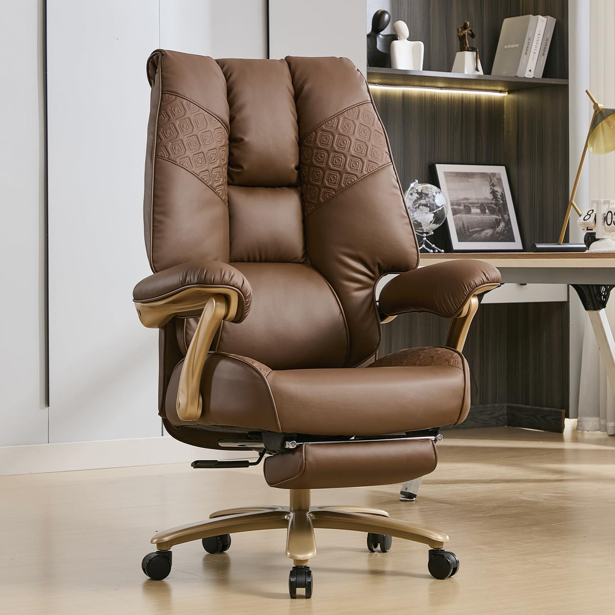 Big and Tall Ergonomic Office Chair with Footrest, 400LBS Capacity Brown PU Leather G105699