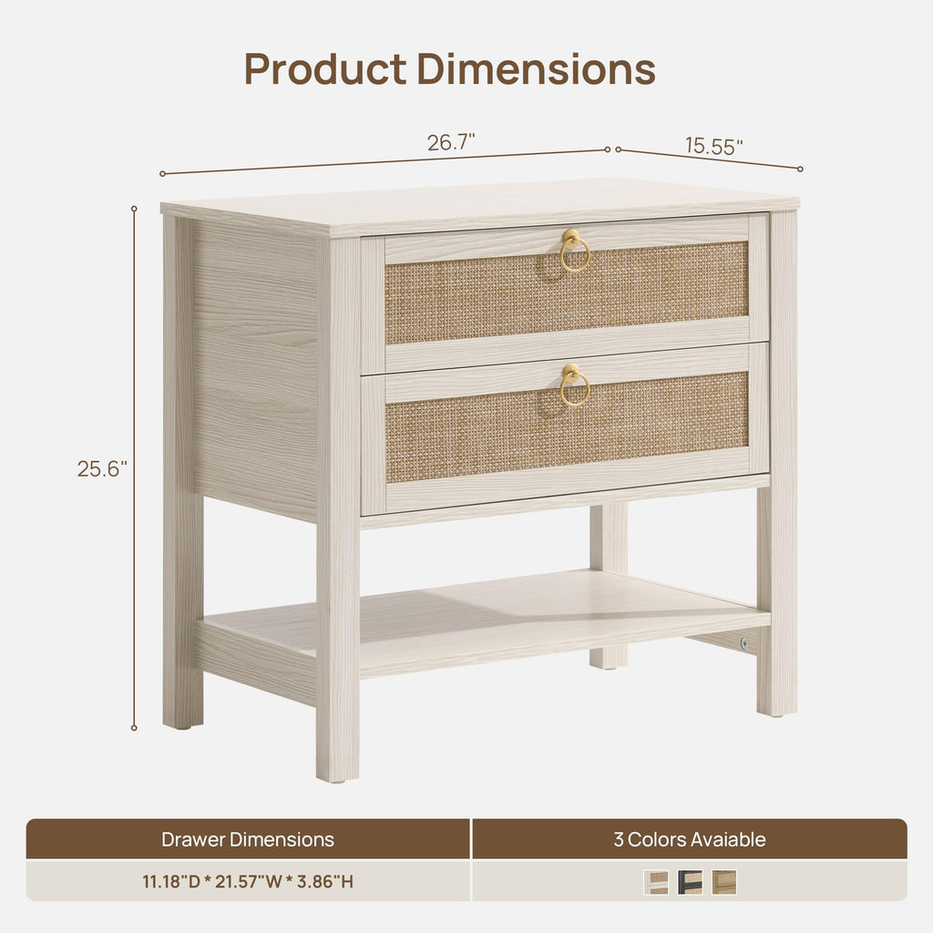 White Rattan Nightstand with 2 Drawers A37556