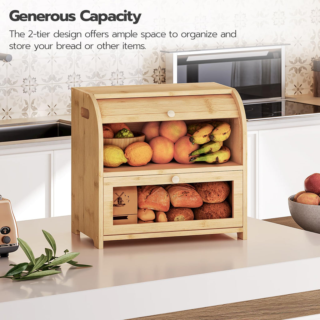 Bamboo 2 Tier Roll-Top Bread Box J15619