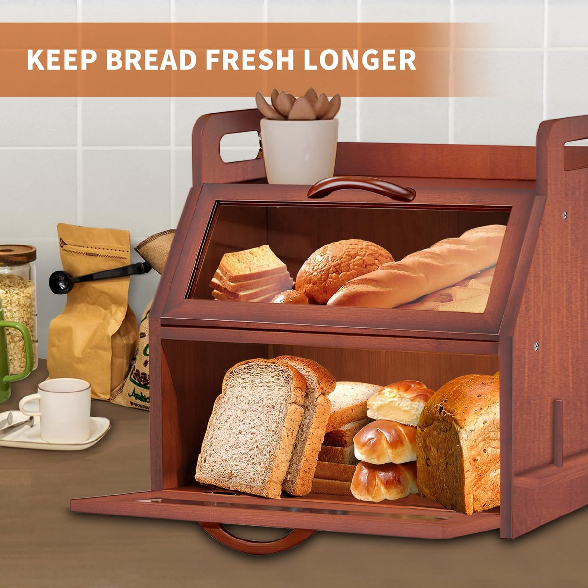 Large Double Layer Bamboo Bread Box with Clear Window O824860