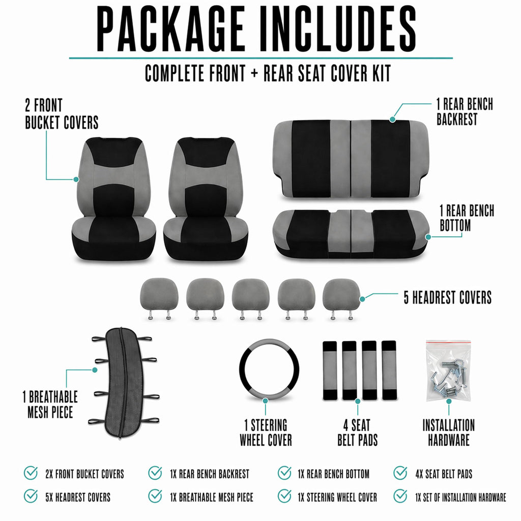 Gray Black Universal Fit Automotive Seat Covers Combo Set with Steering Wheel Cover and Seat Belt Pad X5182