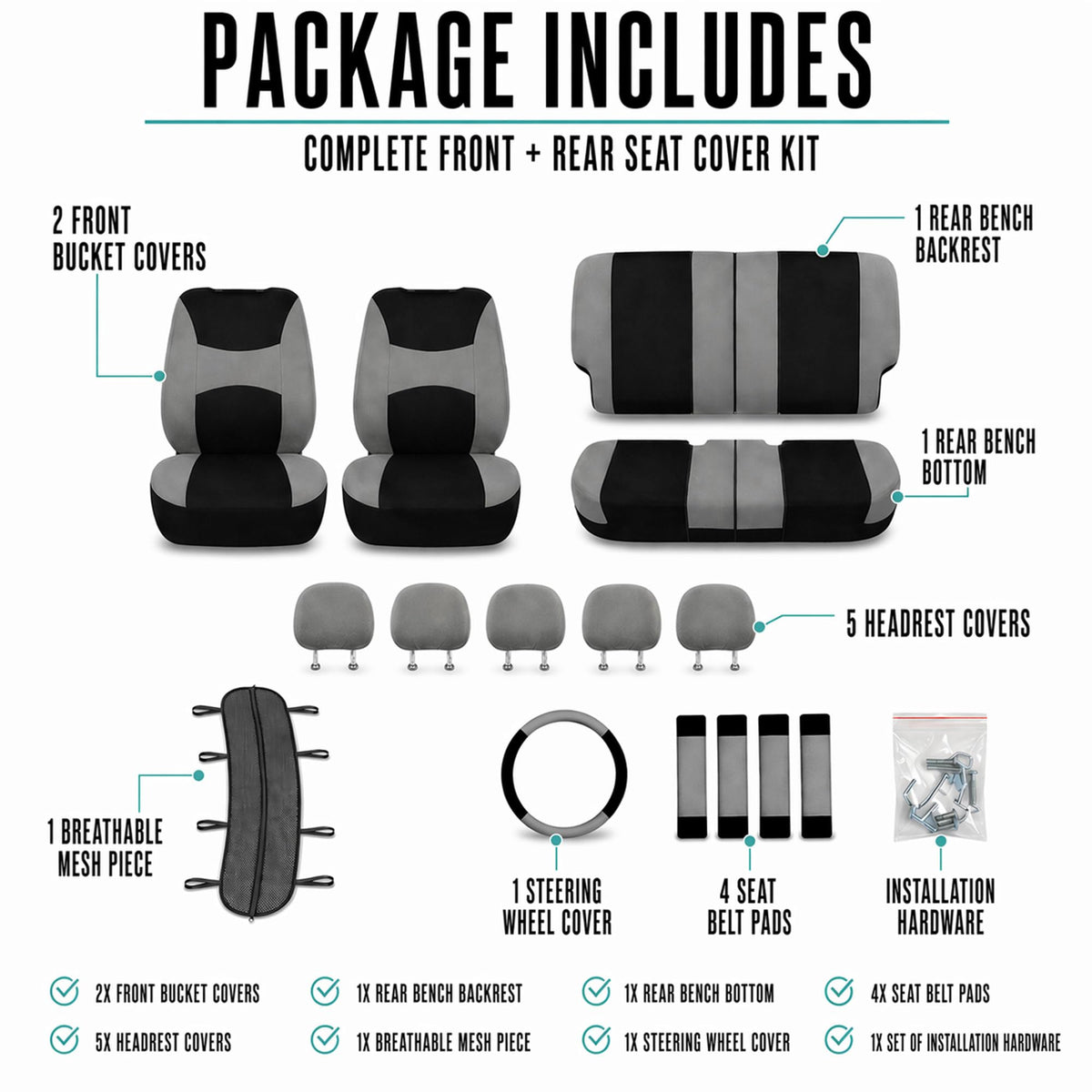 Gray Black Universal Fit Automotive Seat Covers Combo Set with Steering Wheel Cover and Seat Belt Pad X5182