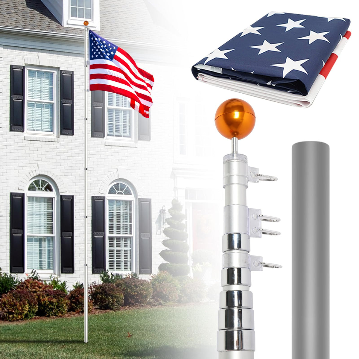 20FT Sectional Heavy Duty Aluminum Flag Pole Kit with 3x5 ft American Flag T316830