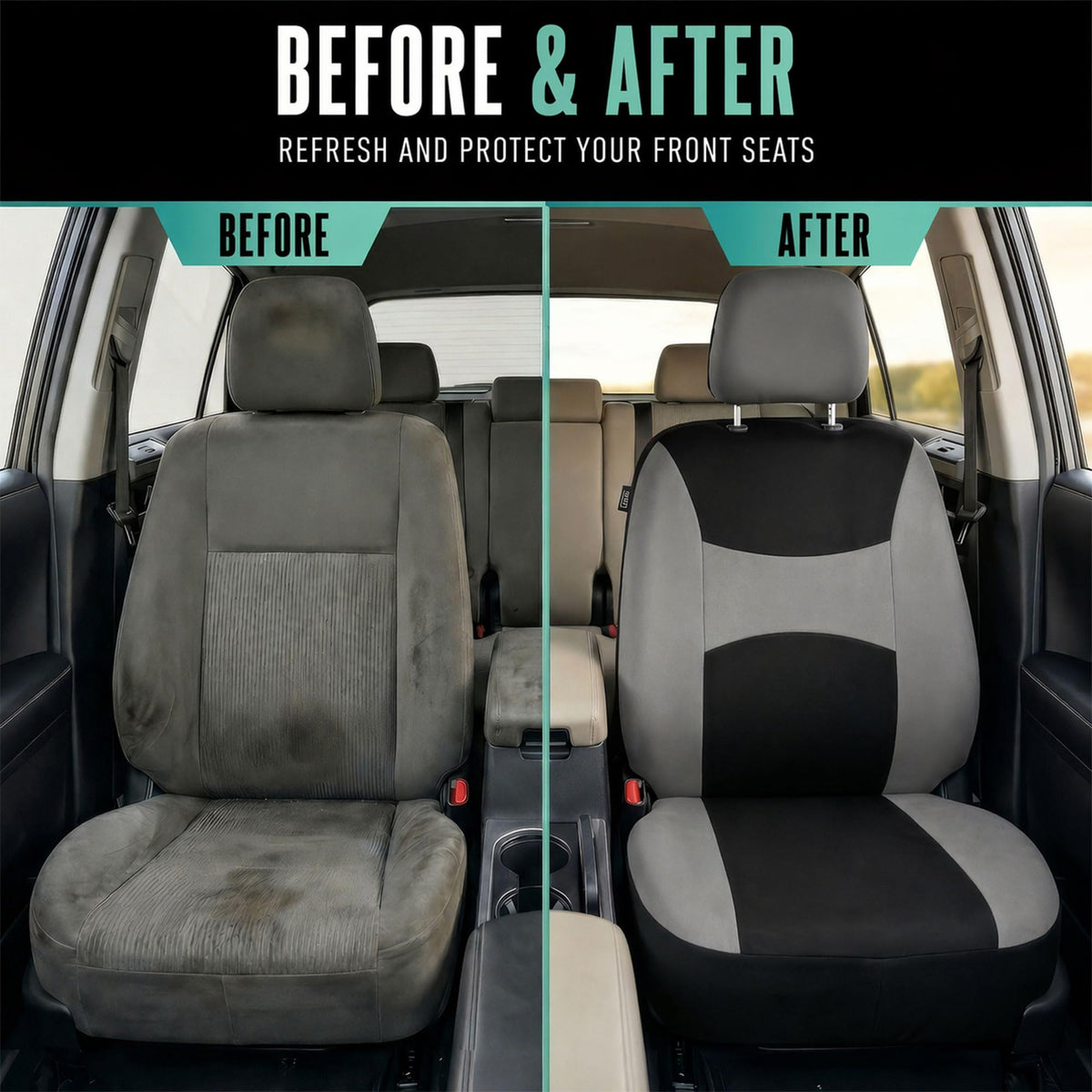 Gray Black Universal Fit Automotive Seat Covers Combo Set with Steering Wheel Cover and Seat Belt Pad X5182