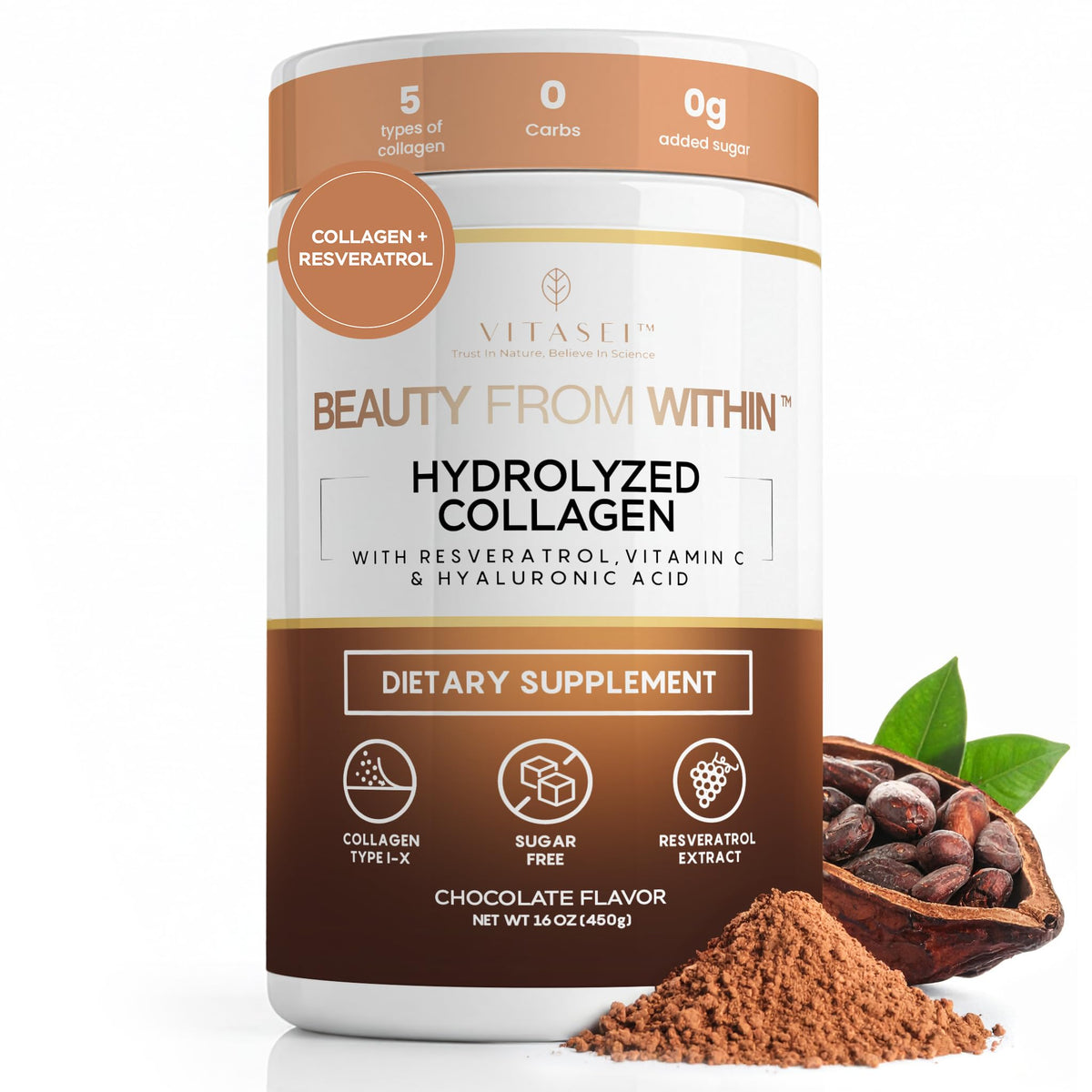 Hydrolyzed Collagen Peptide Powder Drink Chocolate Flavored 16oz K1207