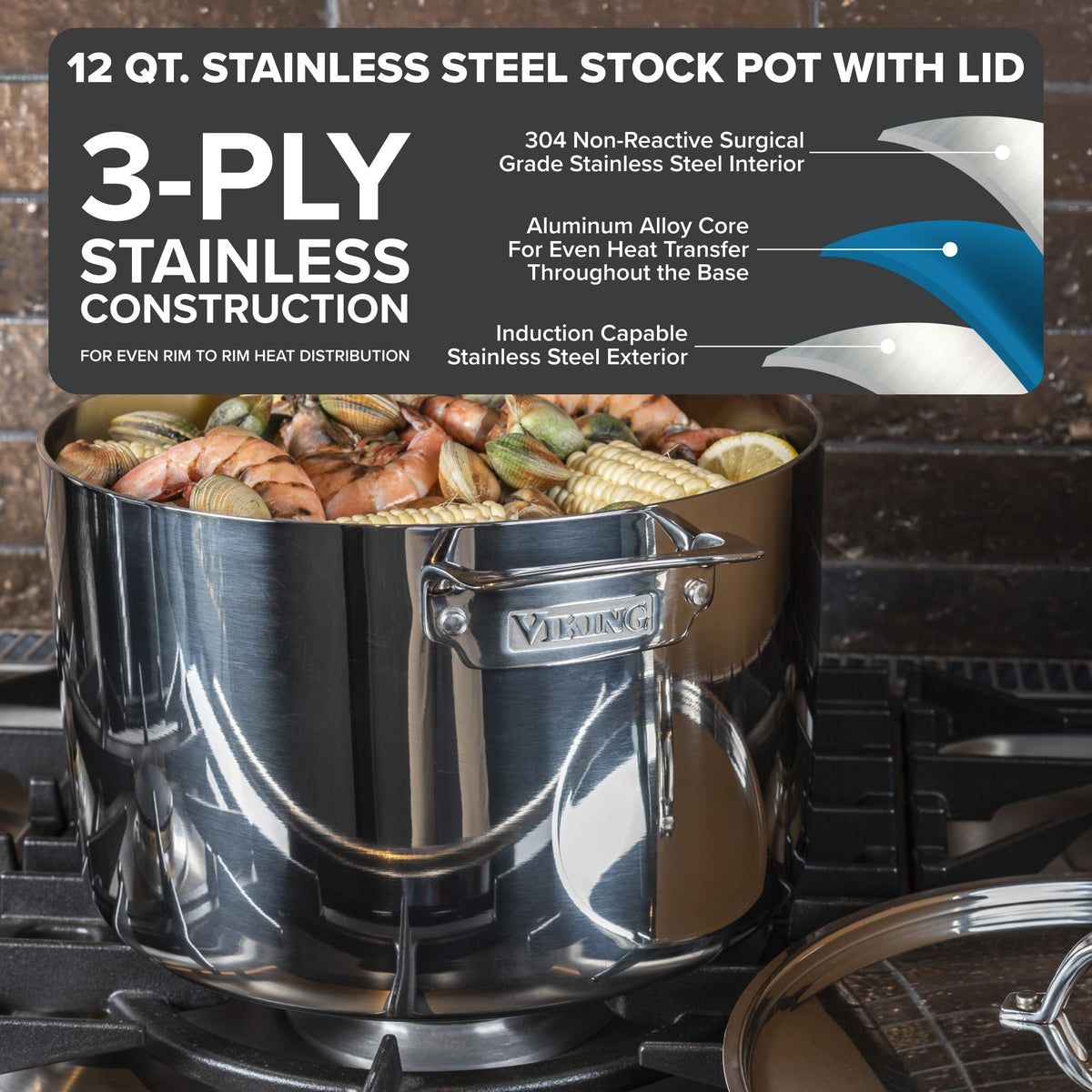3-Ply Stainless Steel 12 Quart Stock Pot with Lid T720