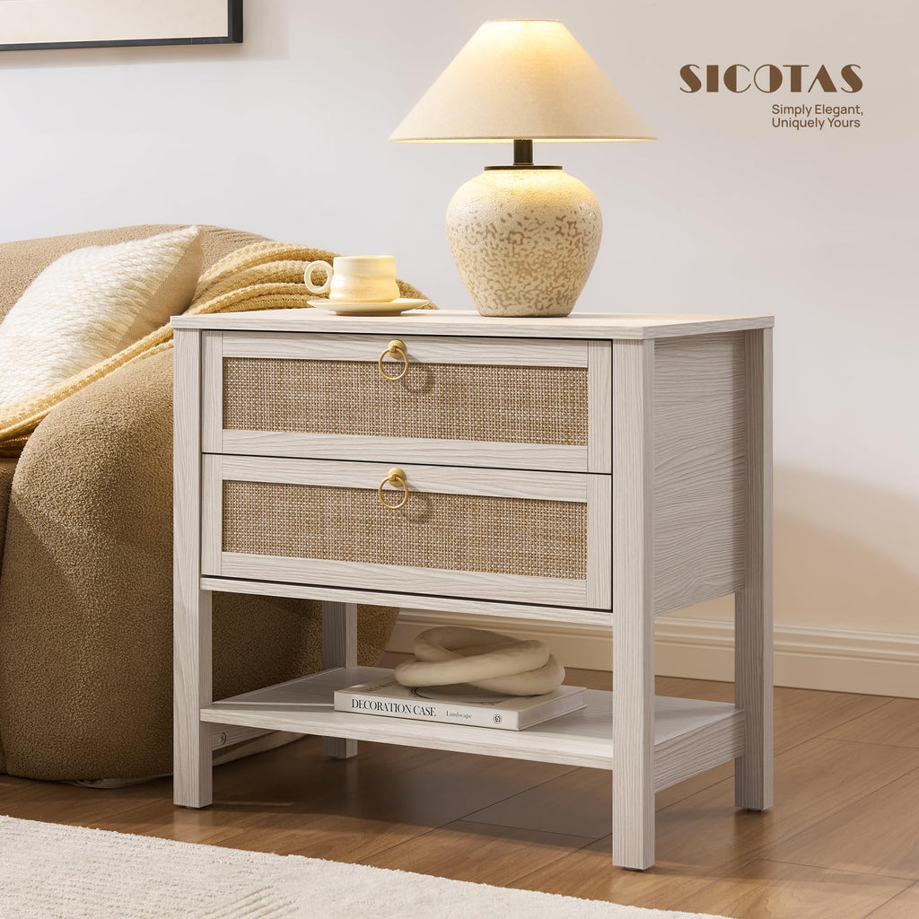 White Rattan Nightstand with 2 Drawers A37556