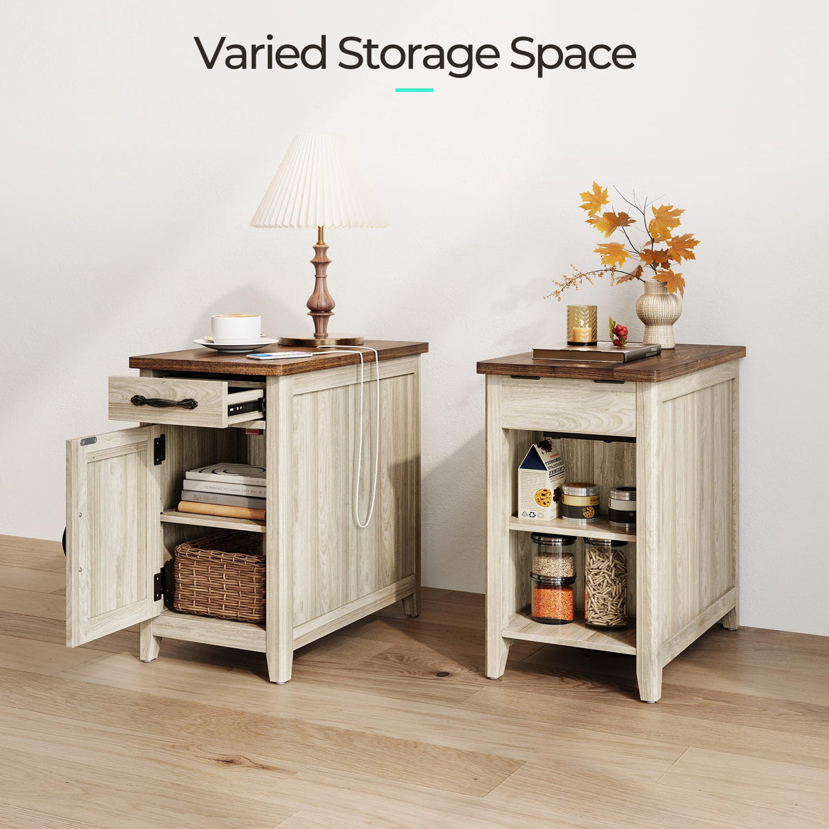 Charging End Table with USB Ports, Wooden Door, Washed Grey T7239