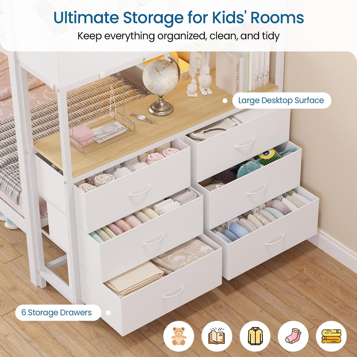 Twin Over Twin Bunk Bed with 6 Storage Drawers, Shelves, LED Lights and Ladder G301020