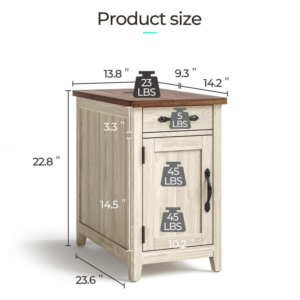 Charging End Table with USB Ports, Wooden Door, Washed Grey T7239