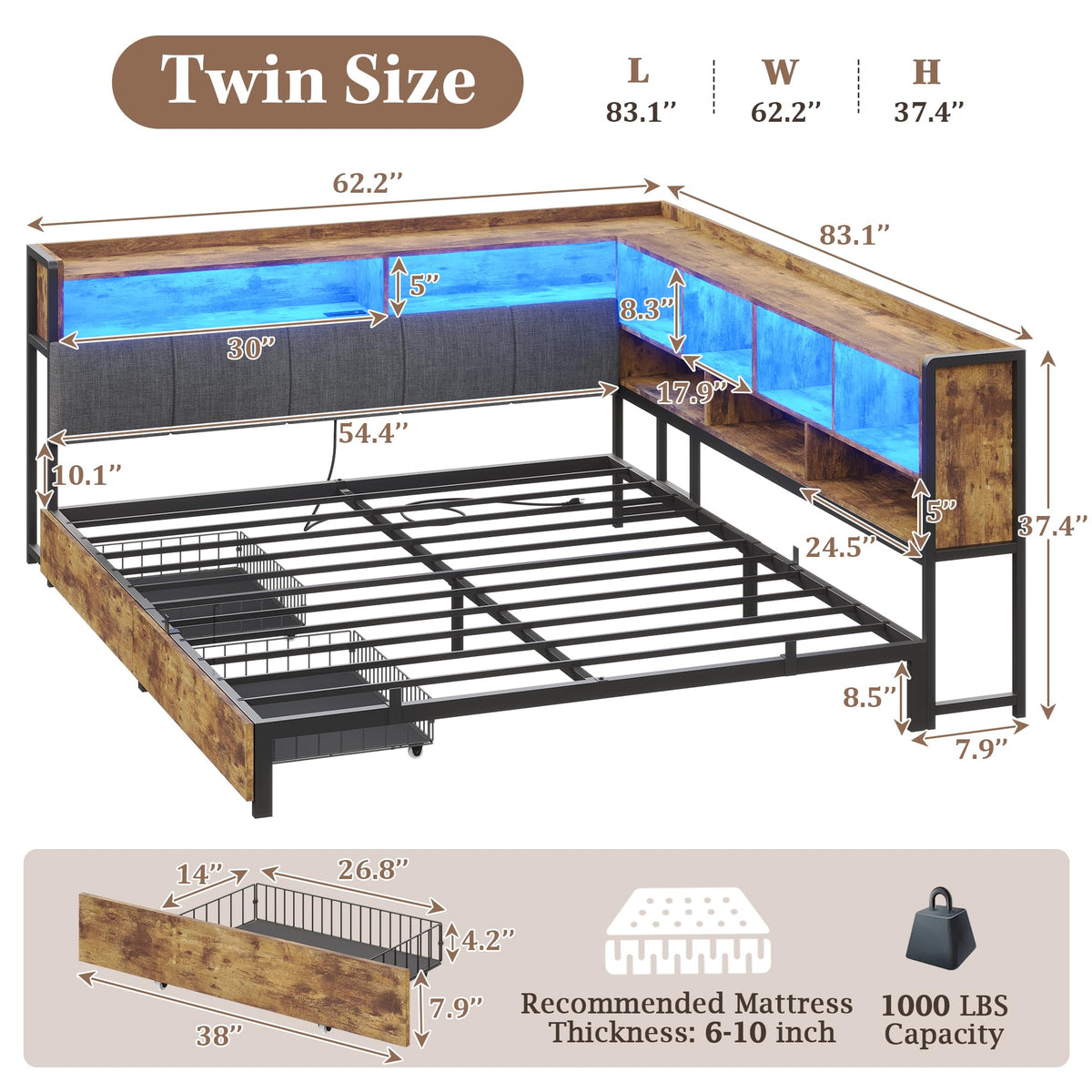 Full Size Corner Bed Frame with Storage and Drawers N556