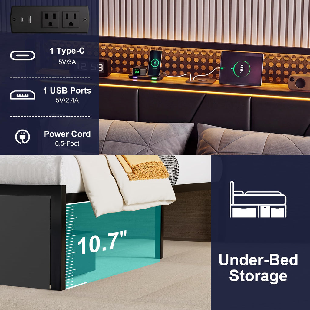 Full Size Upholstered Bed Frame with 2 Drawers and Storage Shelves H85174