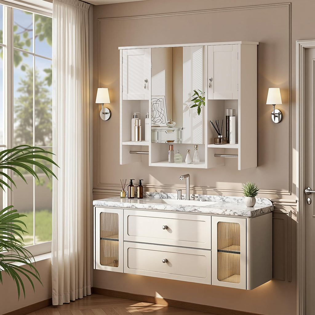 Large White Wall Mounted Bathroom Cabinet with Mirror Q4123