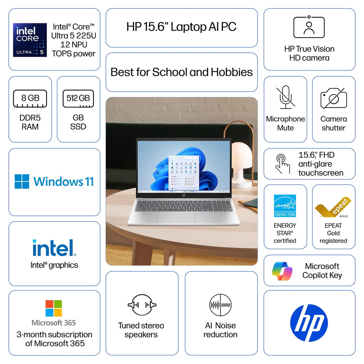 15.6" Full HD Touch Screen Laptop, Intel Core Ultra 5, 8GB RAM, 512GB SSD, Natural Silver Q647099