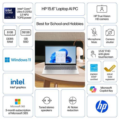 15.6" Full HD Touch Screen Laptop, Intel Core Ultra 5, 8GB RAM, 512GB SSD, Natural Silver Q647099
