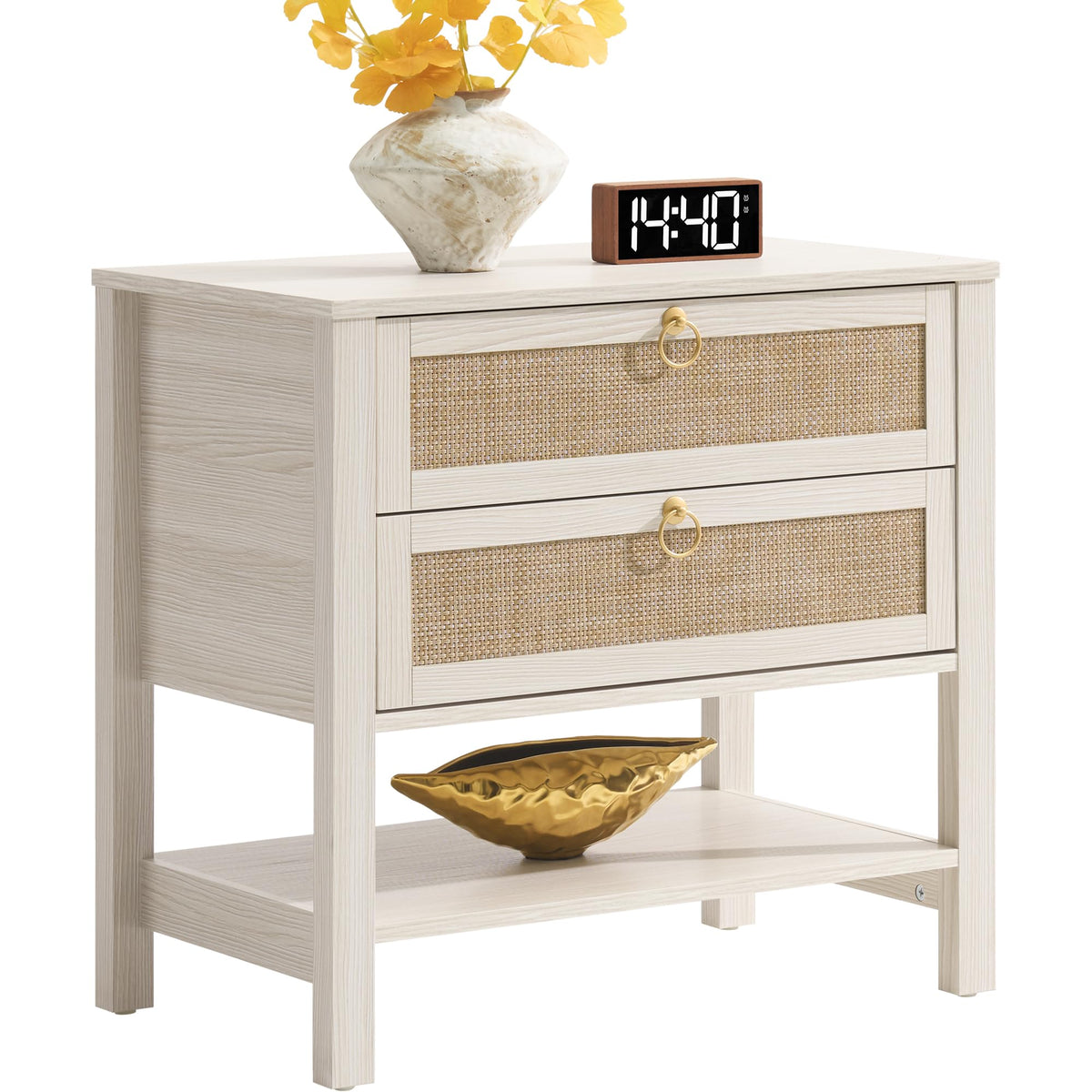 White Rattan Nightstand with 2 Drawers A37556