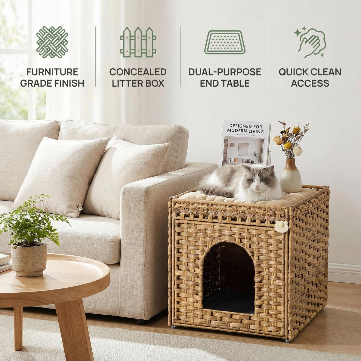 Rattan Cat Litter Box Enclosure Cabinet with Mat B153
