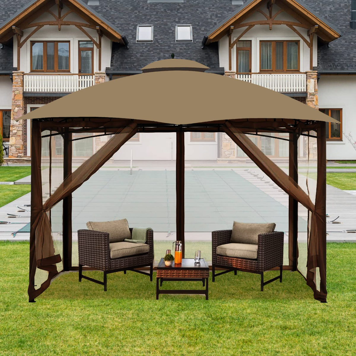 10' x 10' 4-Panel Mosquito Netting Sidewall Curtain with Zipper (Brown) Q561