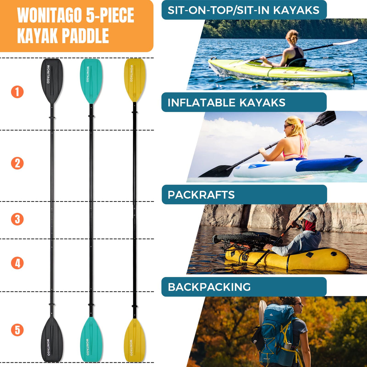 Adjustable Portable 5-Piece Kayak Paddle T222399
