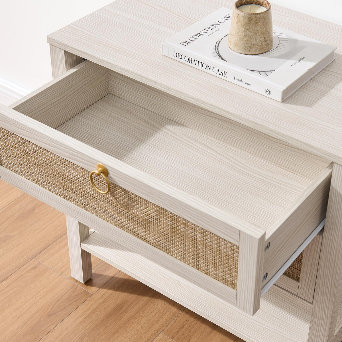 White Rattan Nightstand with 2 Drawers A37556