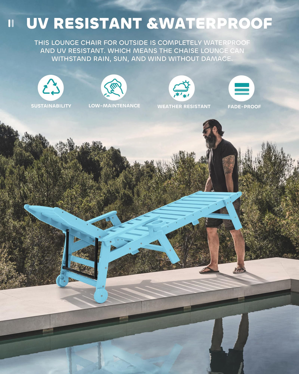 Light Blue Outdoor Lounge Chair Set of 2 with Cup Holder E1799