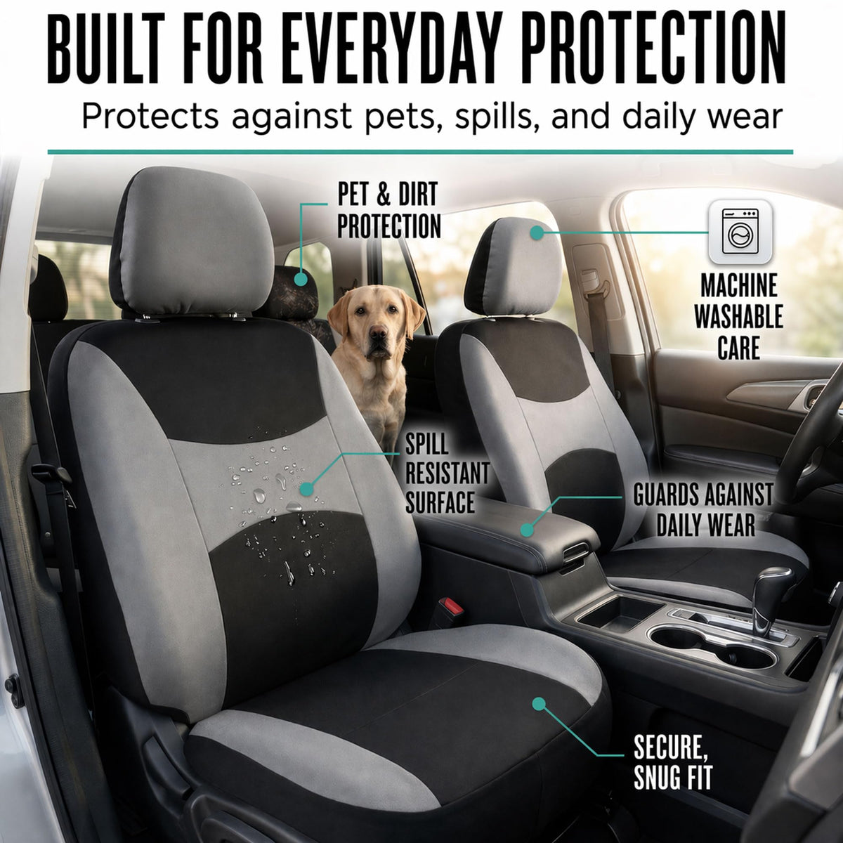 Gray Black Universal Fit Automotive Seat Covers Combo Set with Steering Wheel Cover and Seat Belt Pad X5182