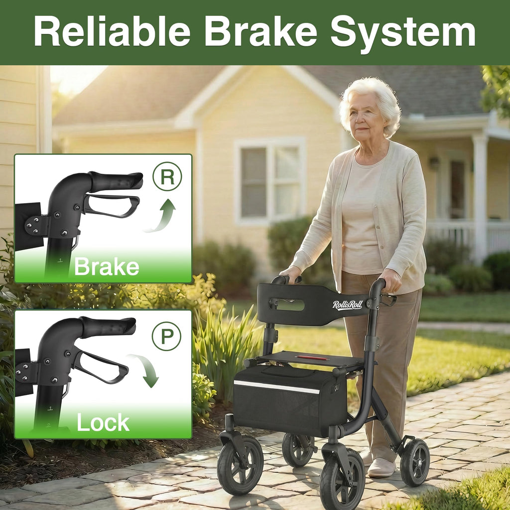 Black Foldable Rollator Walker with Seat, Backrest, 12" Rubber Wheels R922