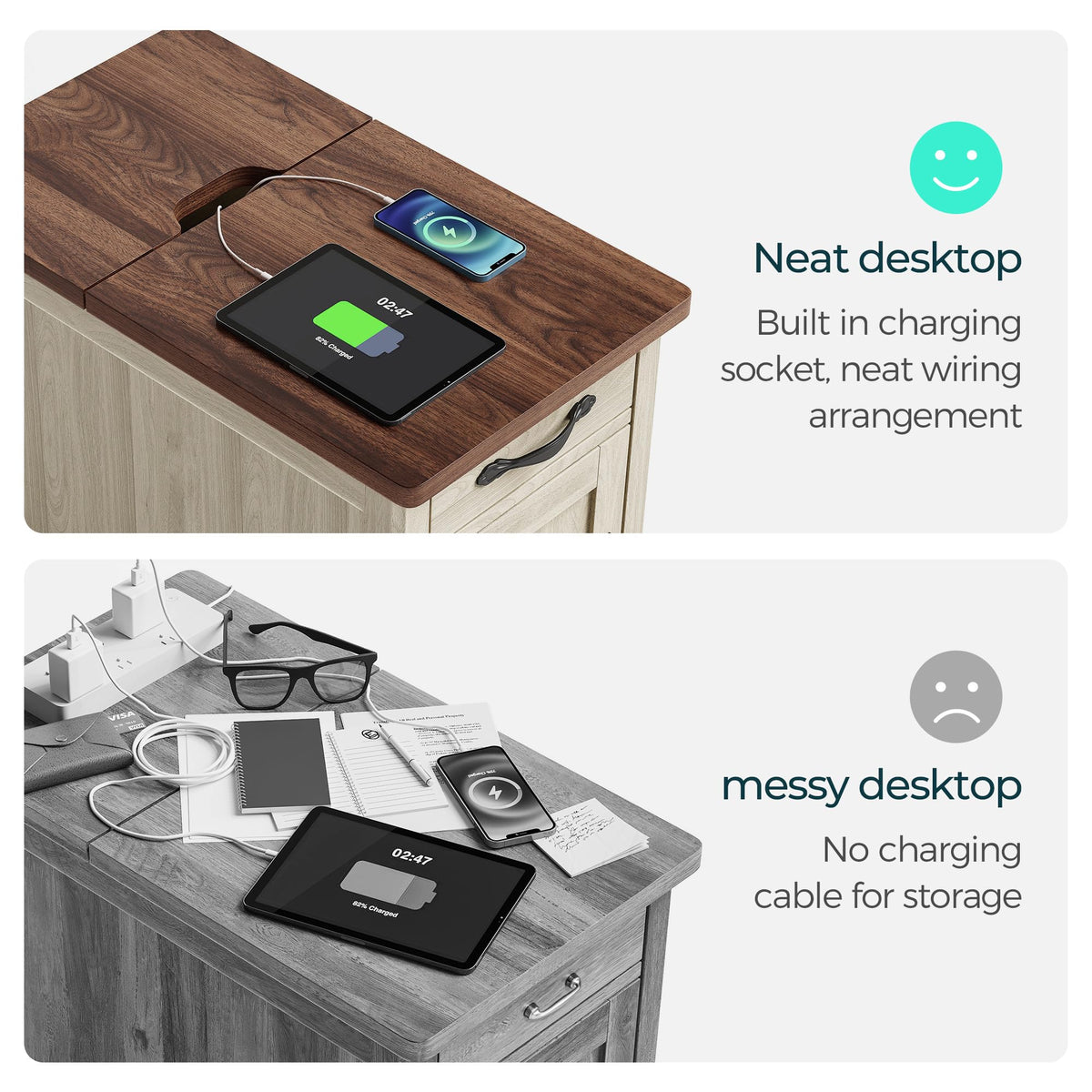 Charging End Table with USB Ports, Wooden Door, Washed Grey T7239
