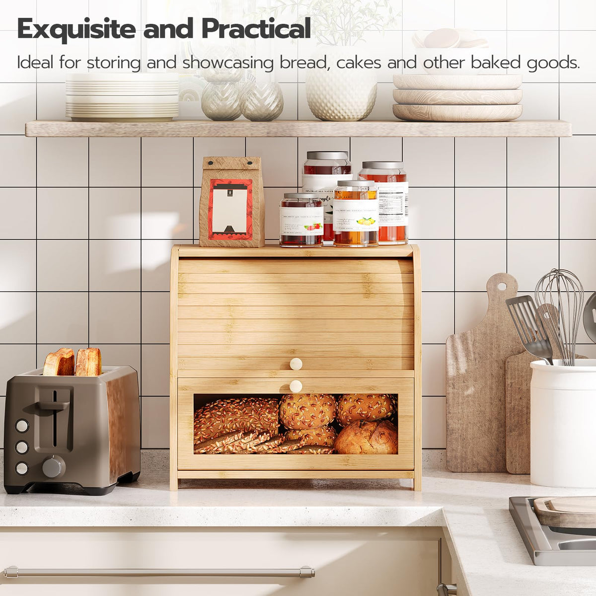 Bamboo 2 Tier Roll-Top Bread Box J15619