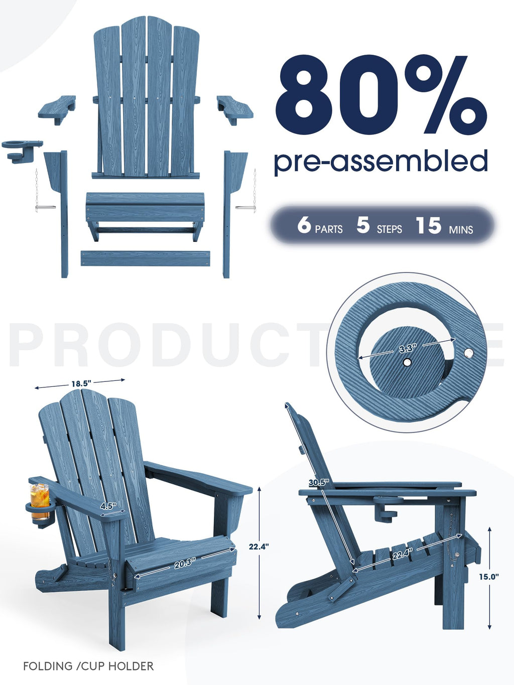 Folding Adirondack Chair Set of 2 with Cup Holder T99497