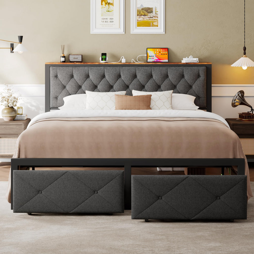 King Size Metal Platform Bed Frame with 2 Storage Drawers R5887