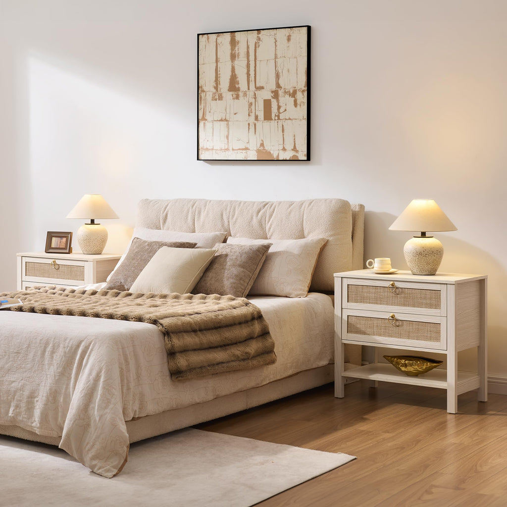 White Rattan Nightstand with 2 Drawers A37556