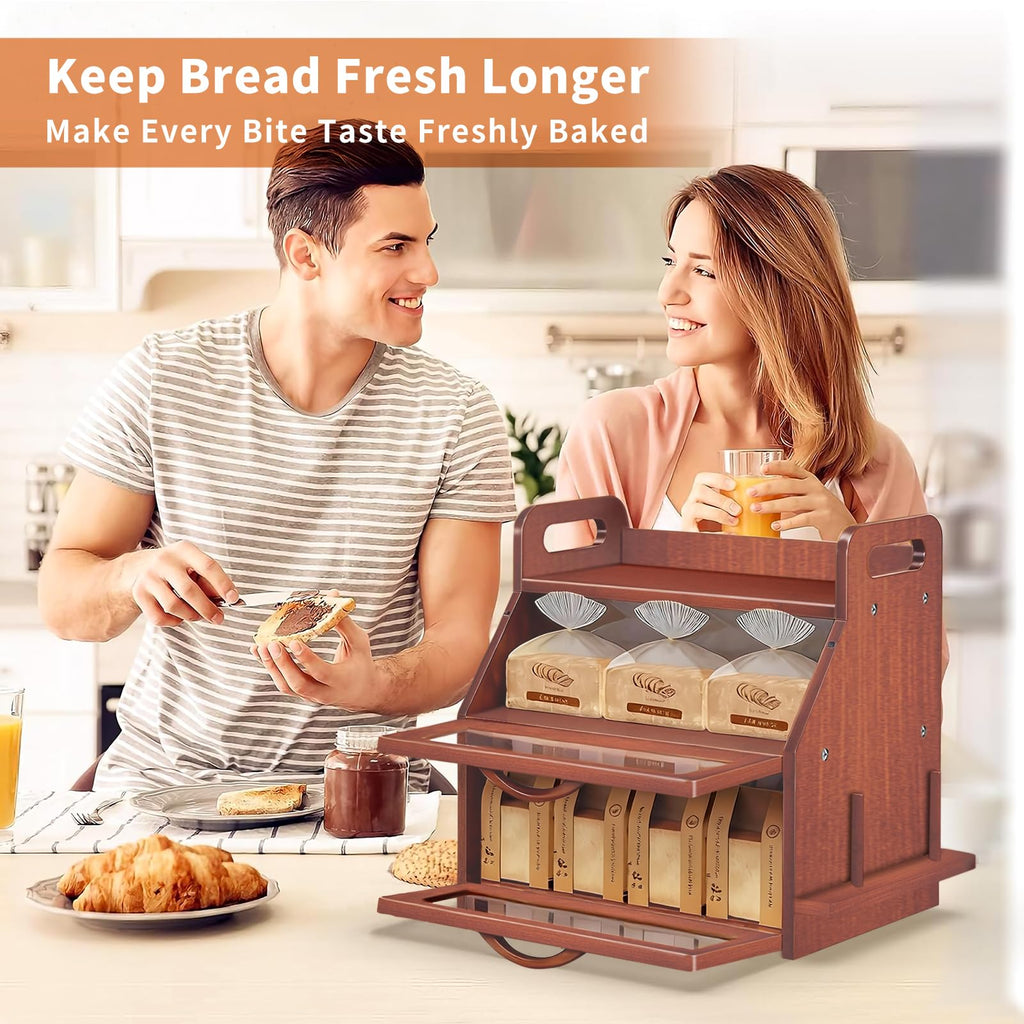 Large Double Layer Bamboo Bread Box with Clear Window O824860