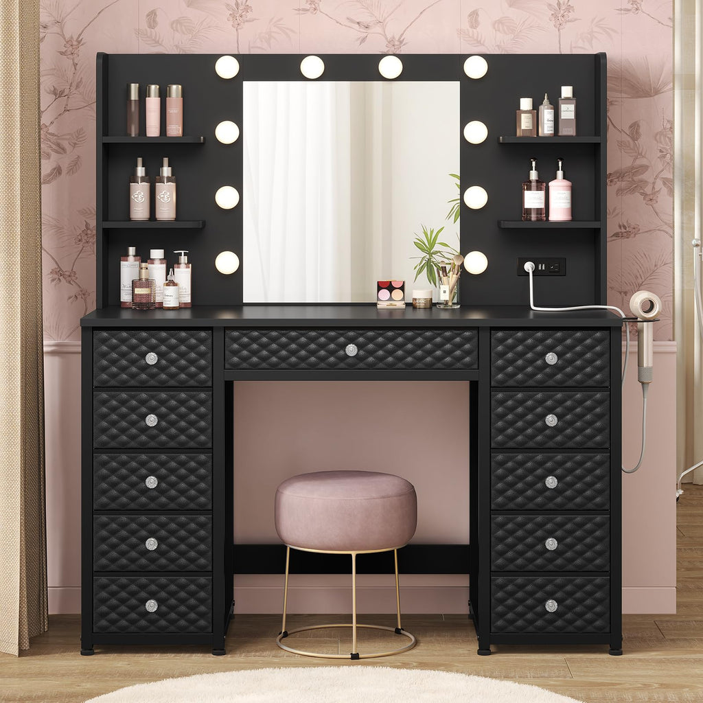 Black Vanity Desk with Mirror and Lights, 11 Drawers M769647