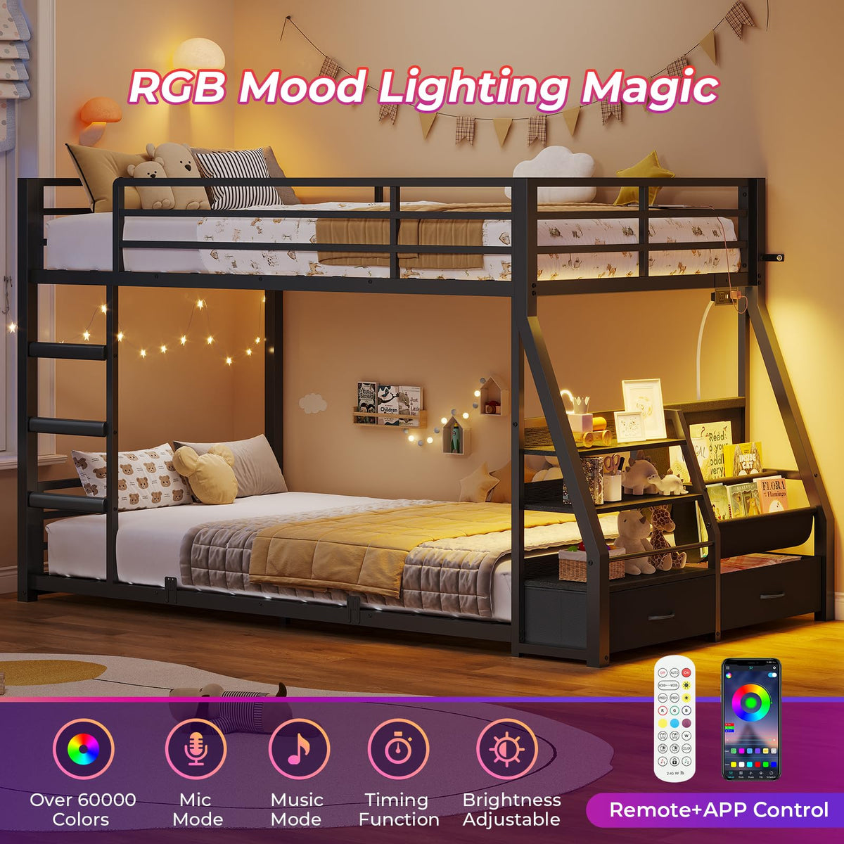 Black Bunk Bed with Bookshelves and Storage Drawers V8448
