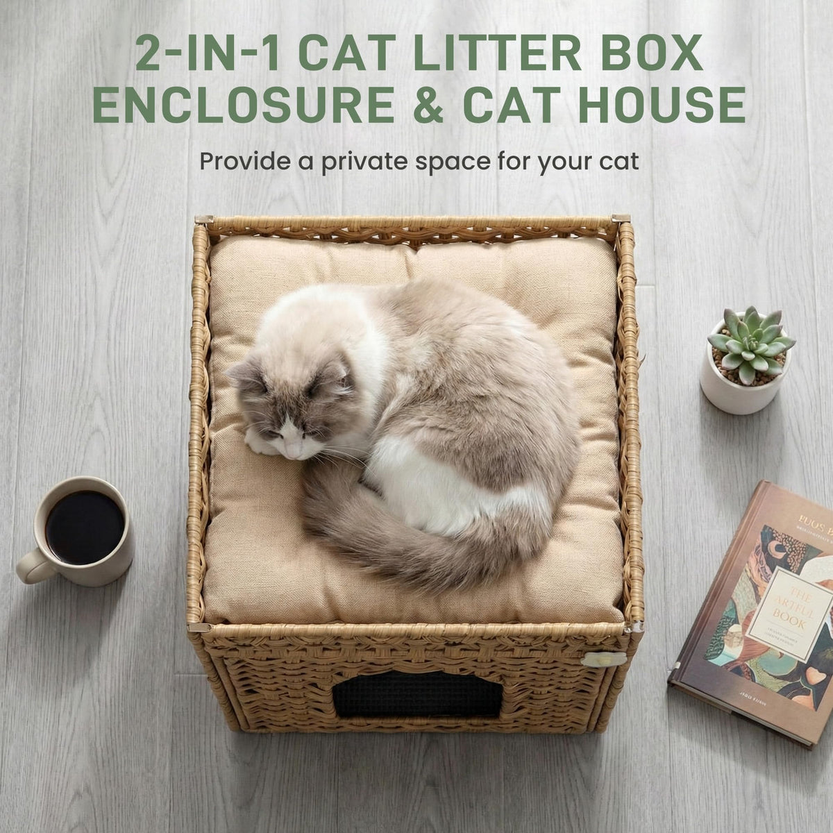 Rattan Cat Litter Box Enclosure Cabinet with Mat B153
