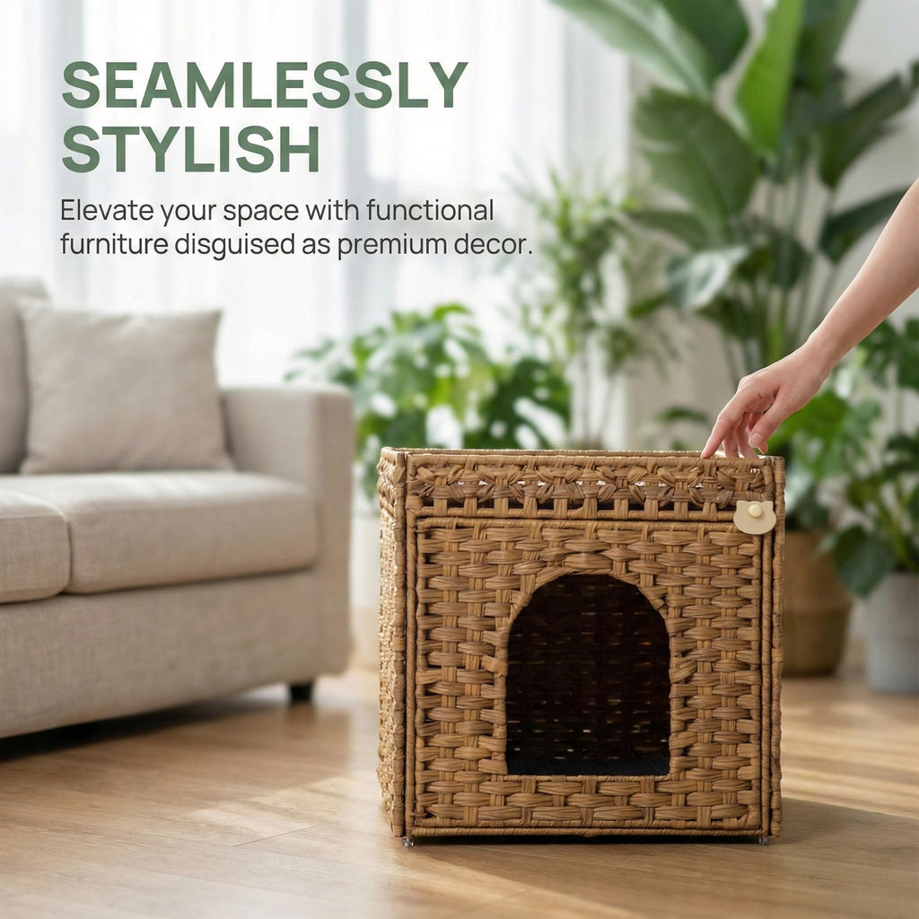 Rattan Cat Litter Box Enclosure Cabinet with Mat B153